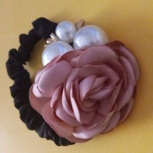 Beautiful Elegant Pink Rose & White Pearls Scrunchie